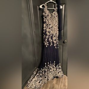 GLS by Gloria Navy gala dress with ft long train with lace, jewels, & scarf.